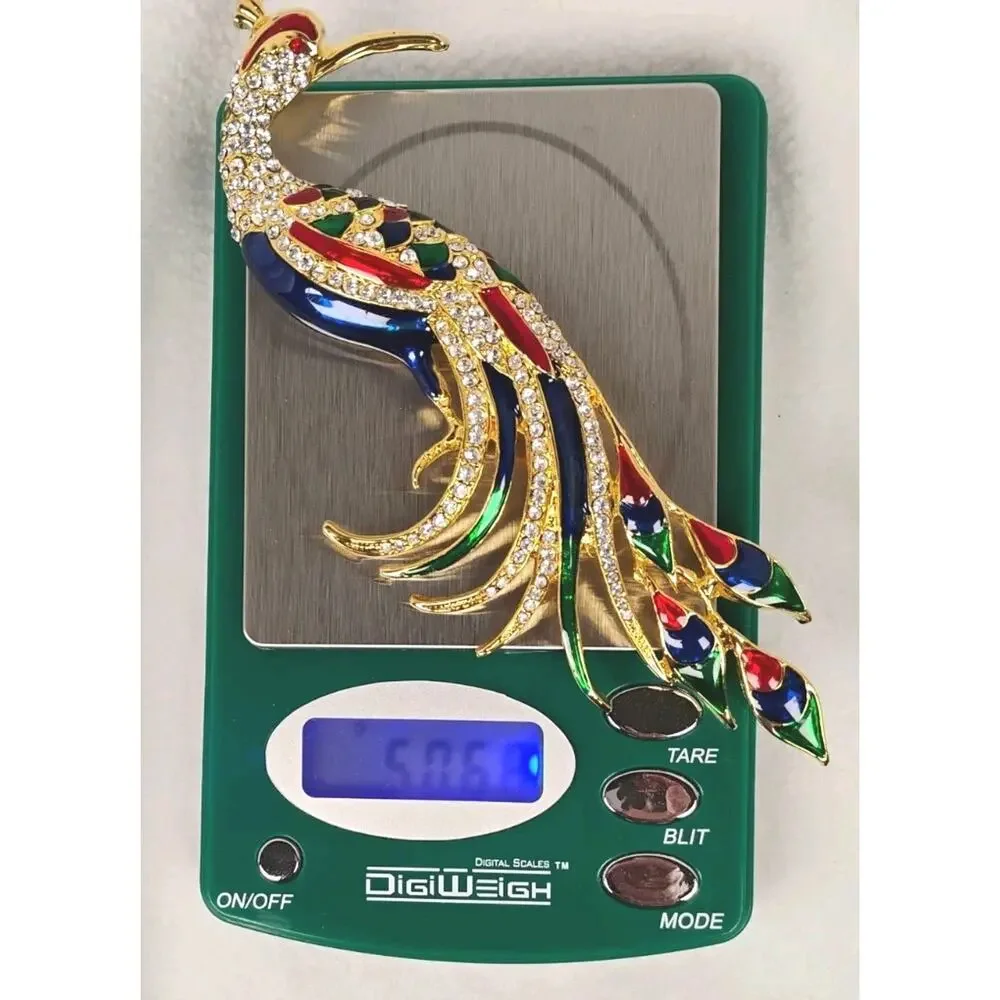 Large Peacock Brooch Pin Rhinestone Enamel Multicolor Statement Bird